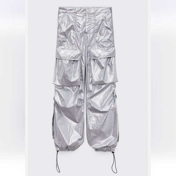 Zara Silver Metallic Shiny Cargo Pants - Picture 7 of 8